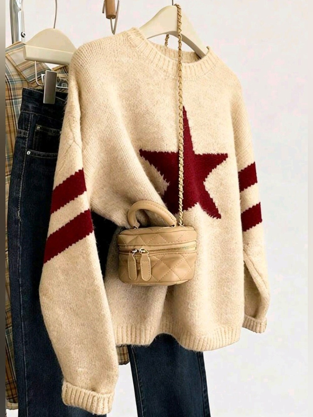 Women's Colorblock Five-Pointed Star Pattern Crew Neck Sweater